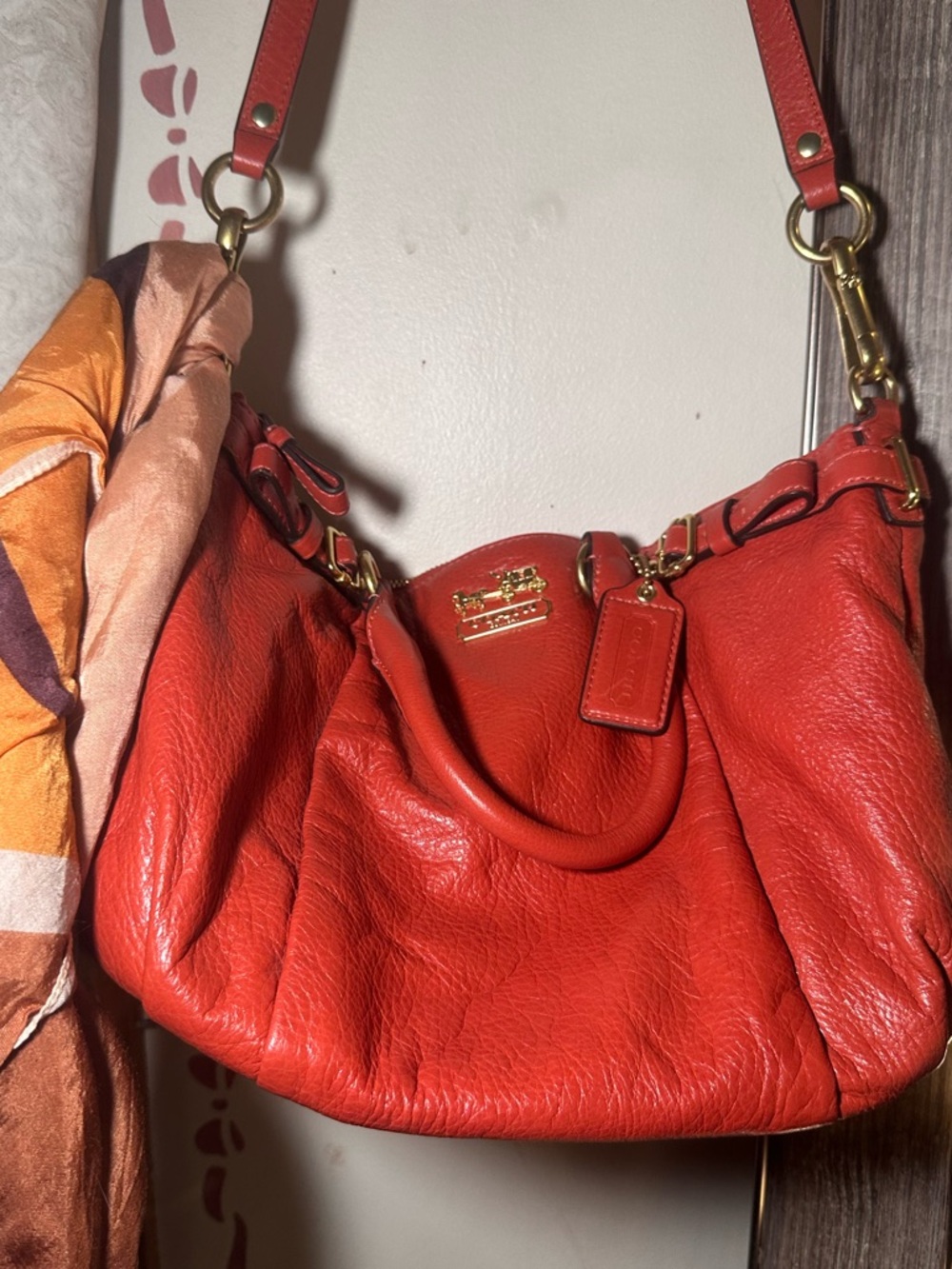Coach orange Pebbled Leather Shoulder Bag with Gold Hardware